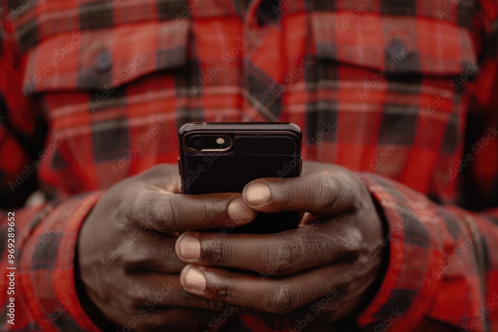 Poster A person is shown holding a cell phone in a close-up view, suitable for use in scenarios where mobile technology is highlighted