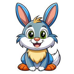 Obraz premium a cartoon illustration of a cute, smiling bunny. The bunny has large, expressive green eyes and big ears with pink insides. Its fur is primarily blue, with a white face, belly, and tail