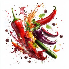 An explosion of sauces and sliced vegetables, isolated on transparent PNG.