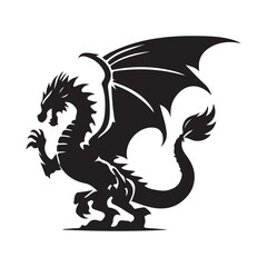 Fantasy Dragon Silhouette - Mythical Creature Outline, Vector drawing of a black dragon silhouette that sits