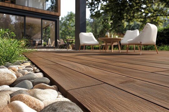 View of tropical hardwood decking from low angle shown on an Ipe wood deck and modern house design with wooden patio