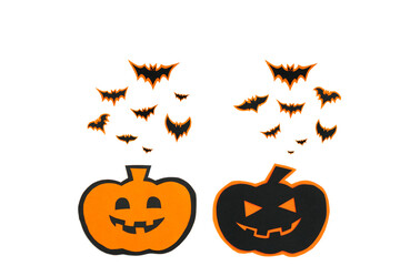 Happy halloween pumpkin smile and bats make from black paper cut on white background, Decorative Halloween concept