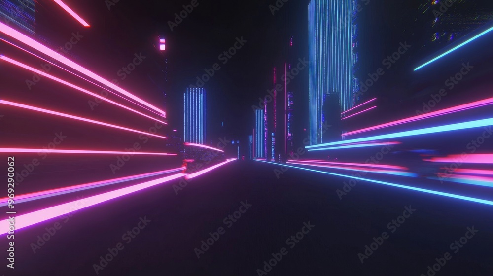 Poster The shapes of the neon fast speed light background are made up of 3D abstract technology glowing neon fast speed lights, while the reflection floor is made up of reflections, along with the virtual