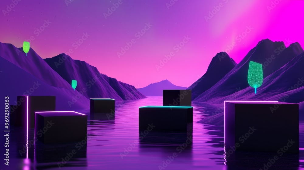 Poster the image shows a podium on a dune with glowing neon rings and cubes flying in the air over the auro