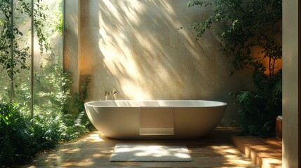 Serene bathroom with a freestanding tub surrounded by greenery.