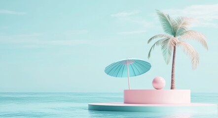 Obraz premium This is a 3D render of a simple white podium display on a blue background decorated with cute summer elements like beach umbrella, ball, tree and sunglasses, a design concept for a travel