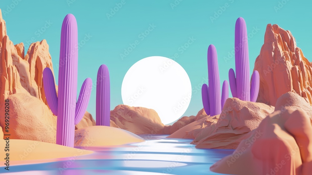 Leinwandbilder An abstract surreal landscape with a lake and dune with a blank transparent circle. The scene is dreamy and fantastic with a minimal look.