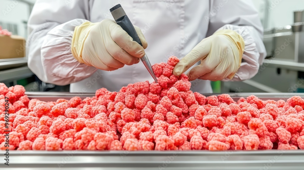 Poster precision in quality control: worker inspecting food products in processing facility, generative ai