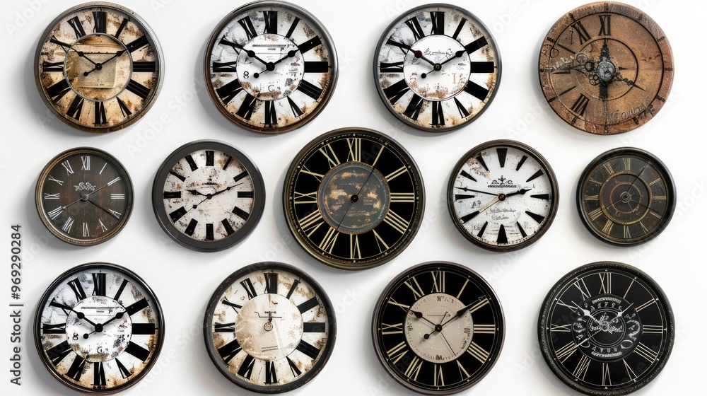 Poster A collection of clocks mounted on a single wall, suitable for use in designs related to time, schedules, or nostalgia