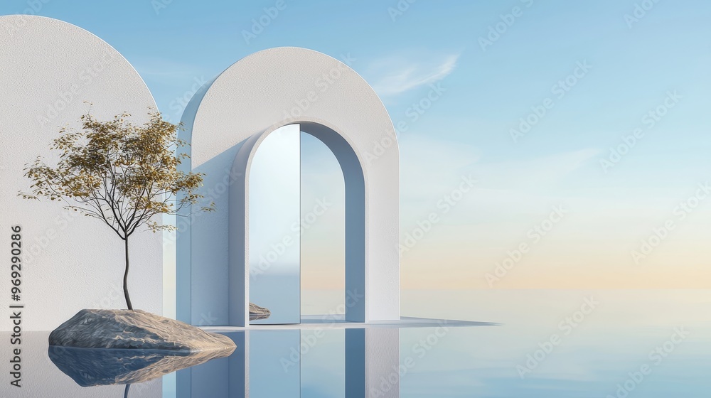 Aufkleber In this 3D render, an arch mirror glass reflects a mountain with a golden tree and metallic ball set against a pastel dune background with a pastel lake.
