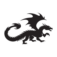 Fantasy Dragon Silhouette - Mythical Creature Outline, Vector drawing of a black dragon silhouette that sits