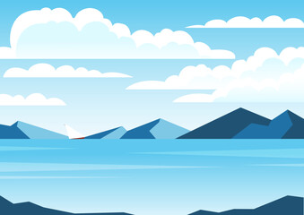 Blue landscape with sea and vessels vector illustration. Seaside with mountains. Scandinavian nature