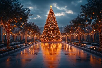 Naklejka premium Christmas tree being decorated in a bustling city square, large ornaments and lights, public holiday celebration, copy space for stock photo with minimal concept, No logo, No Trademark, No text
