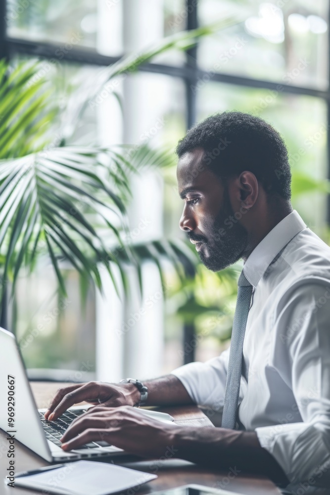 Poster a person sitting at a desk using a laptop computer, great for office or home use