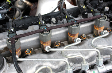 Diesel fuel injectors. Fuel system of car. Diesel engine injectors. Detail of modern common rail...