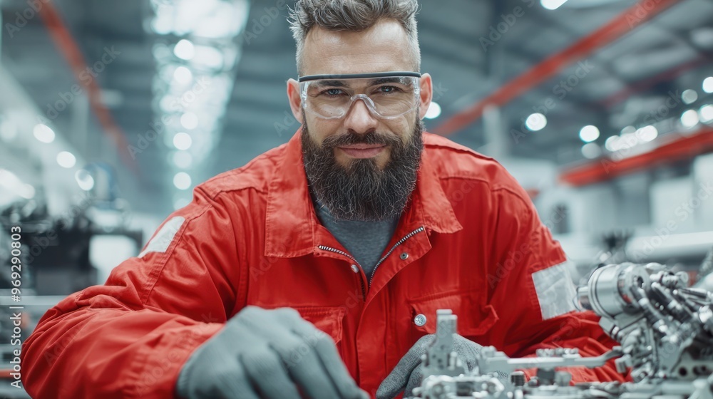 Poster precise calibration checks by engineer on manufacturing machine with cinematic lighting - hyper-real
