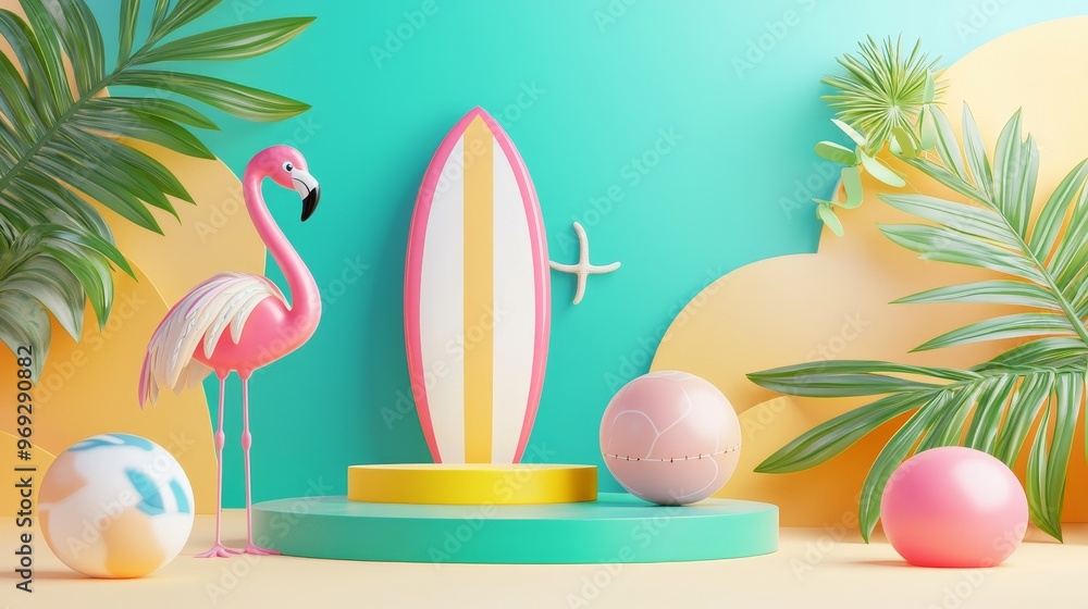 Poster 3d render showing a white display podium with an inflatable pink flamingo, a surfboard, and a beach 