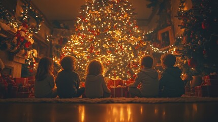 Cozy family gathering, exchanging colorful presents under a decorated Christmas tree, warm lights illuminating joyful faces, copy space for stock photo with minimal concept, No logo, No Trademark, No