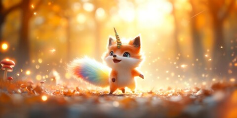Fototapeta premium A cute fantasy creature, a hybrid between a fox and a unicorn, with a shimmering horn and a bushy, rainbowcolored tail The creature is prancing through a magical forest filled with glowing mushrooms
