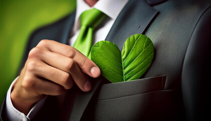 Businessman dressed in a classic jacket, putting a heart-shaped green leaf in his breast pocket. Green business, business with corporate social responsibility and environmental concern. Generative Ai.