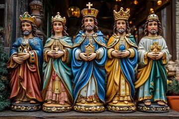 Fototapeta premium Five intricately designed royal figurines in colorful, traditional attire holding objects, with ornamental crowns.