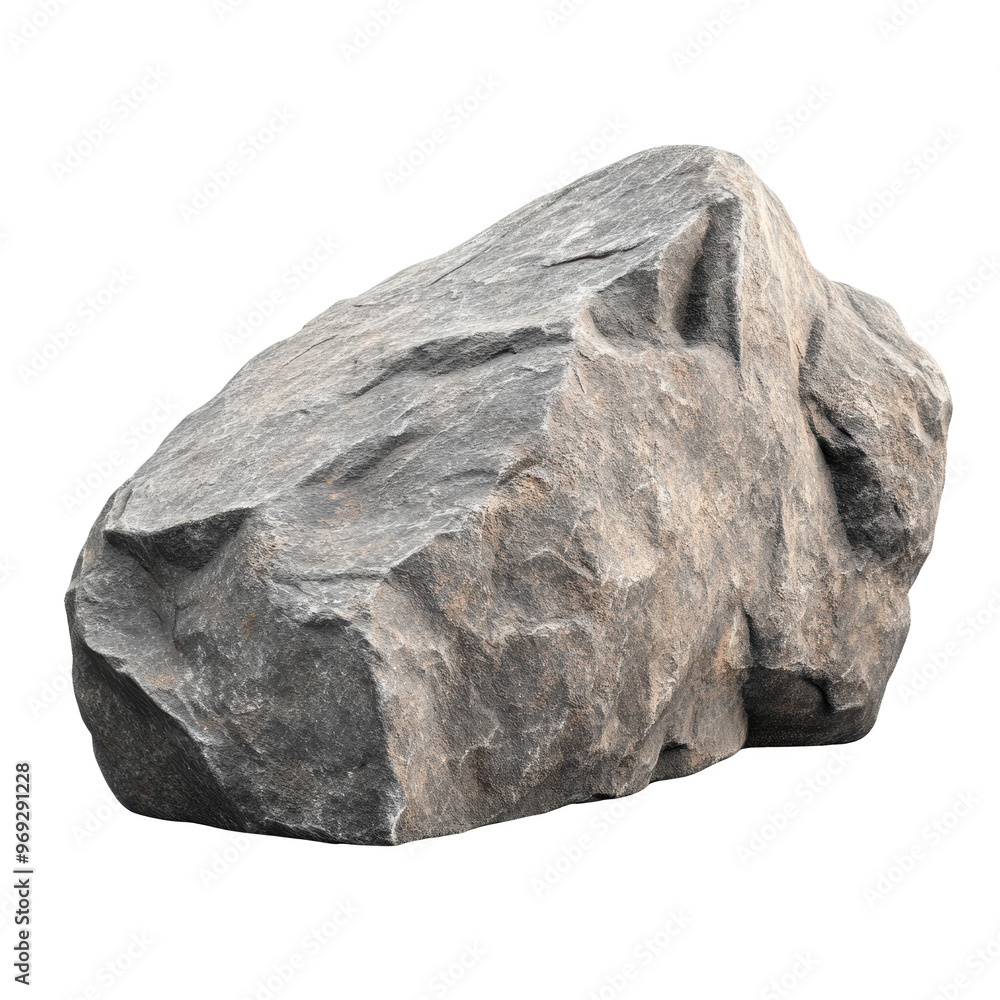 Poster close-up of a large, rough, grayish rock with sharp edges and a textured surface, isolated on a whit