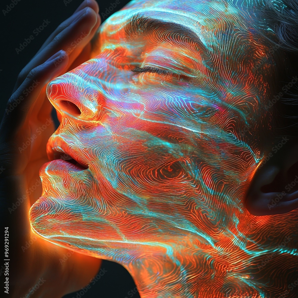 Poster light trails swirling in front of an outstretched hand, creating an ethereal and dynamic environment