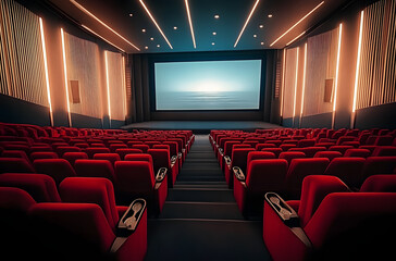 Obraz premium a modern cinema hall with red seats and a large screen