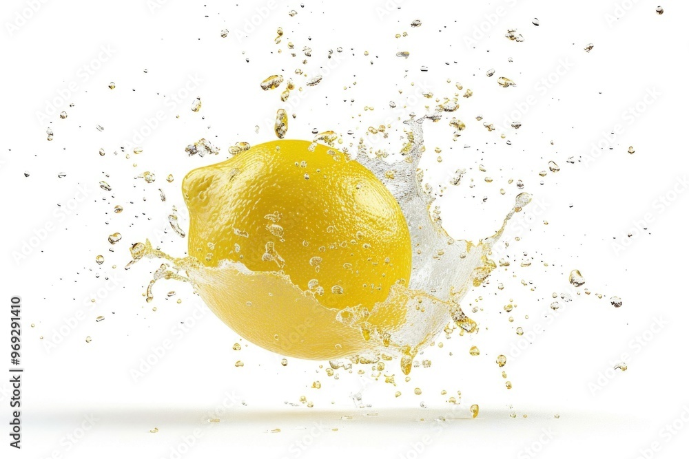Poster a single lemon falls from above and splashes into the water