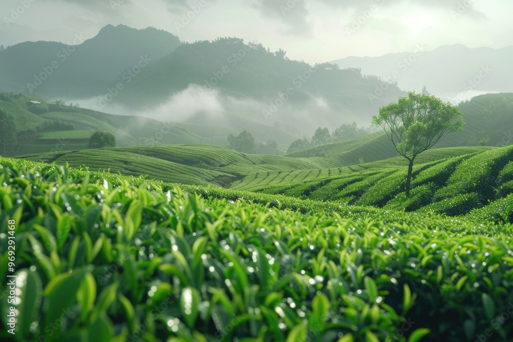 Poster a serene landscape featuring a field of green grass and a single tree standing tall