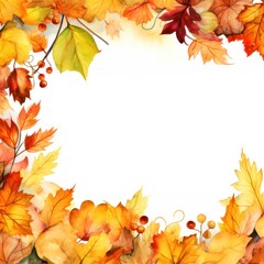 Autumn Leaves Watercolor Frame. Fall Background with Copy Space