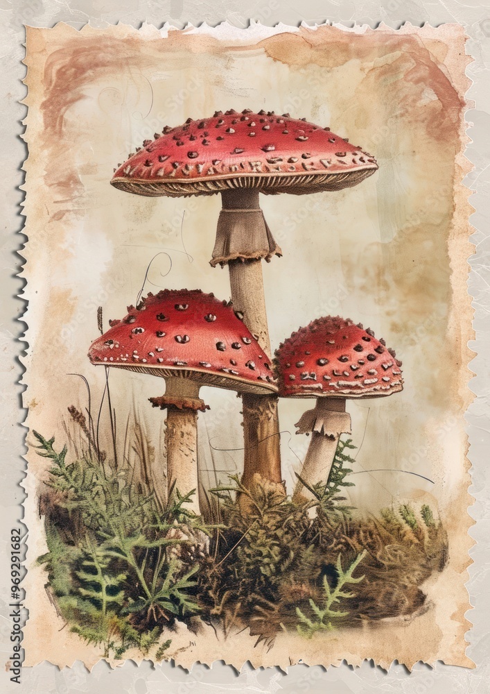 Canvas Prints vintage stamp with mushroom fungus agaric plant.