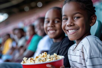 Fototapeta premium A group of children enjoying a sporting event while snacking on popcorn, perfect for illustrations about kids' activities or food-related themes