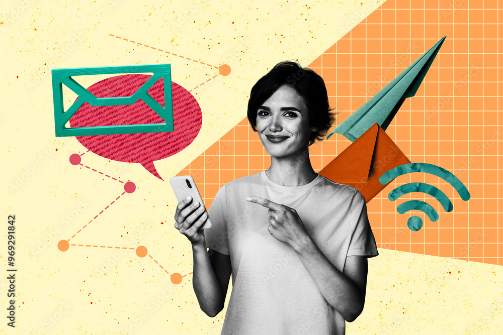 Poster creative abstract template collage of young female wifi internet connection letters device unusual f