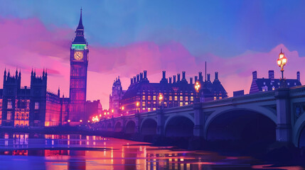 Fototapeta premium panoramic view of london city uk, street dark cinematic pink neon lighting comic book illustration 2d urban digital painting style big ben land mark
