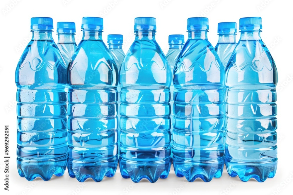 Poster a collection of water bottles placed on a clean white surface, ready for use or storage