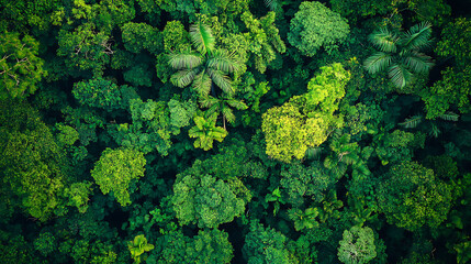 Naklejka premium A dense section of the Amazon rainforest, featuring vibrant green foliage and towering tropical trees 