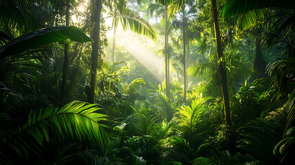 Naklejka premium A dense section of the Amazon rainforest, featuring vibrant green foliage and towering tropical trees 