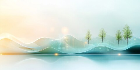 An abstract representation of a digital landscape, combining circuit patterns and binary codes with organic shapes like trees and rivers The artwork plays with a palette of electric blues, greens,