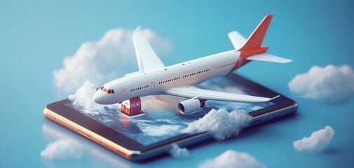 Naklejka premium Airplane with modern travel booking app, 3D rendering, highdefinition design, realistic details, online ticket reservation, travel theme