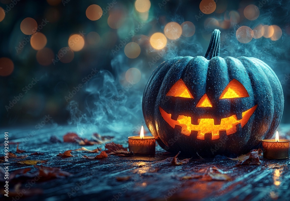 Poster On a sparkling background, carved pumpkins and candles symbolise Halloween