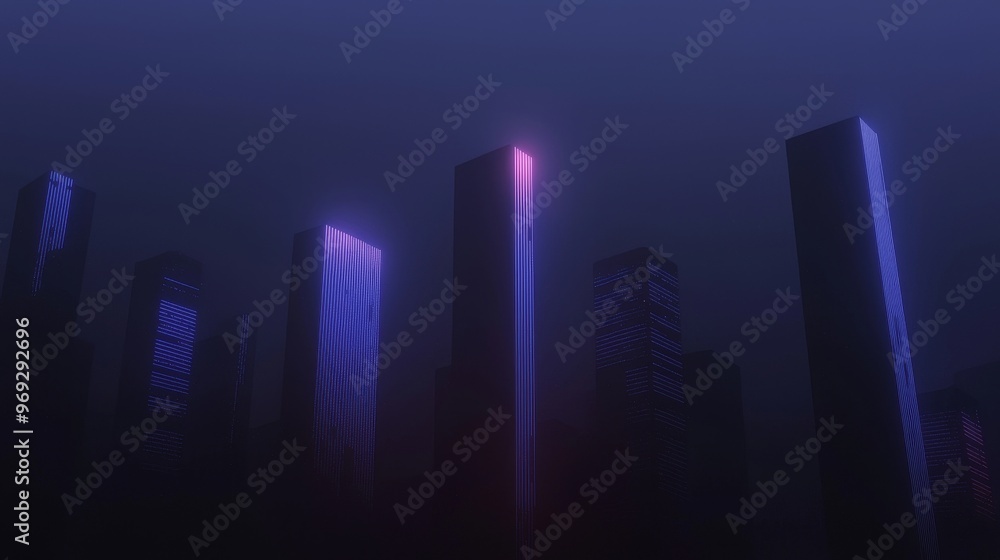 Poster Decorative abstract hologram rendering of a city in 3D with a matrix. Binary code particles network in the background. Architecture background with particle skyscrapers.