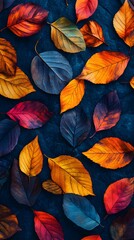 Colorful autumn leaves on a dark background, close-up. Colorful background with vibrant fall foliage