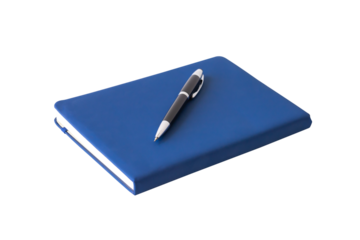 Marine blue closed and open lined notebooks with a pen isolated on white background with clipping path.