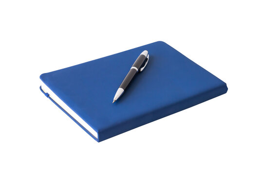 Marine blue closed and open lined notebooks with a pen isolated on white background with clipping path.