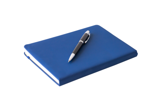 Marine blue closed and open lined notebooks with a pen isolated on white background with clipping path.