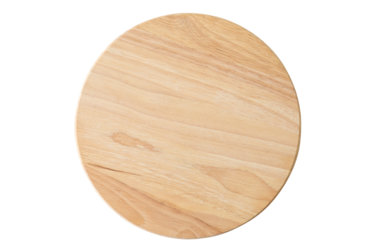 Top view of round wooden cutting board isolated on a white background with clipping path.