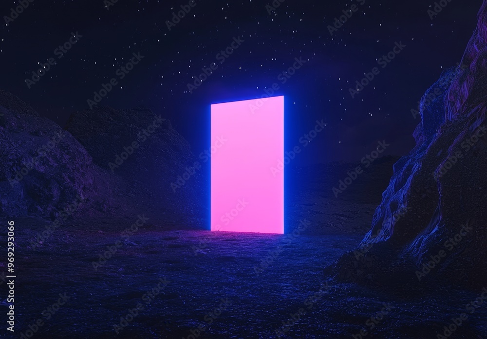 Poster abstract neon background, glowing rectangular frame in cyberspace, virtual reality scene under the n