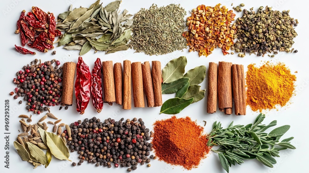 Wall mural assorted dried spices and herbs on white background