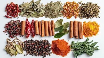 Assorted dried spices and herbs on white background
